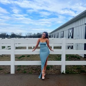 Blue backless prom dress